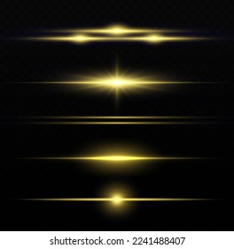 Flashes and glare of gold color. Luminous abstract sparkling lined background. Horizontal linear rays, shiny explosion. Golden and yellow light flashes, glow line. Flash lights. Luminous trail. Vector