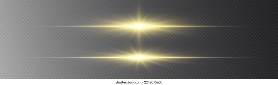 Flashes and glare of gold color. Luminous abstract sparkling lined background. Horizontal linear rays, shiny explosion. Golden and yellow light flashes, glow line. Flash lights. Luminous trail. Vector
