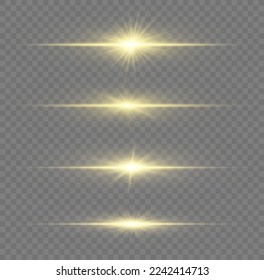 Flashes and glare of gold color. Luminous abstract sparkling lined background. Horizontal linear rays, shiny explosion. Golden and yellow light flashes, glow line. Flash lights. Luminous trail. Vector