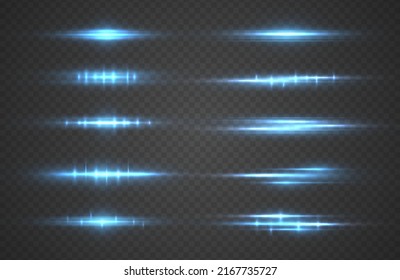 Flashes and glares. Glowing streaks on transparent background. Light beams of in neon and blue. Bright glowing lines. Blue horizontal lens flares pack. Laser beams, horizontal light rays. Vector