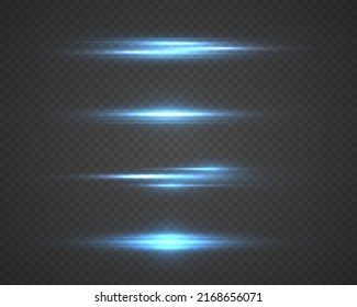 Flashes and glares. Glowing streaks on transparent background. Light beams of in neon and blue. Bright glowing lines. Blue horizontal lens flares pack. Laser beams, horizontal light rays. Vector