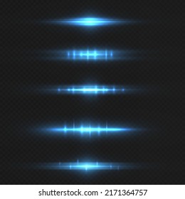 Flashes and glares. Glowing streaks on transparent background. Light beams of in neon and blue. Bright glowing lines. Blue horizontal lens flares pack. Laser beams, horizontal light rays. Vector
