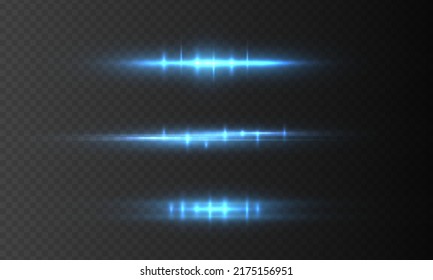 Flashes and glares. Glowing streaks on transparent background. Light beams of in neon and blue. Bright glowing lines. Blue horizontal lens flares pack. Laser beams, horizontal light rays. Vector
