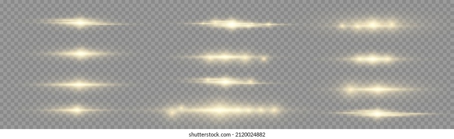 Flashes and highlights of gold color. Fiery light flares, glowing sunbeams or rays effect set. Magical sparkling golden glow effect. Glowing yellow line on transparent background. Vector illustration.