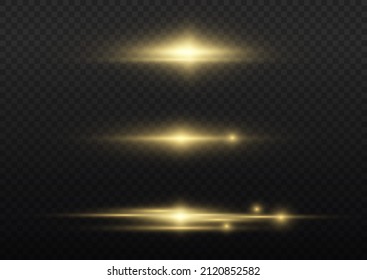 Flashes and highlights of gold color. Fiery light flares, glowing sunbeams or rays effect set. Magical sparkling golden glow effect. Glowing yellow line on transparent background. Vector illustration.