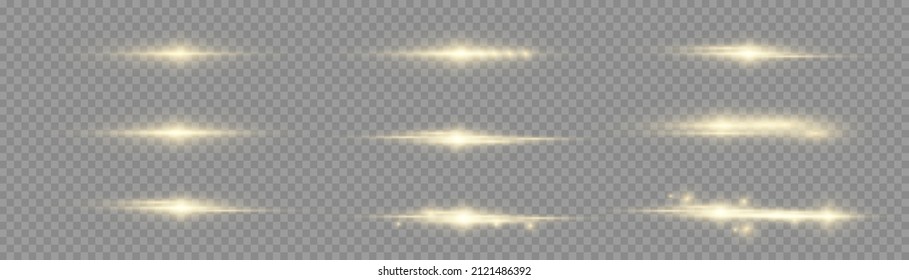 Flashes and highlights of gold color. Fiery light flares, glowing sunbeams or rays effect set. Magical sparkling golden glow effect. Glowing yellow line on transparent background. Vector illustration.