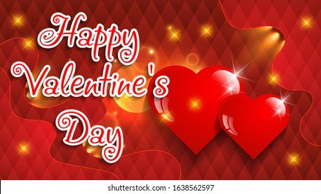flashes of light, abstract shapes with wavy edges, shiny red hearts of different sizes, red greeting lettering with a white stroke on a red textured background. Beautiful bright colorful card for Vale