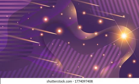 flashes of light, flying meteorites, lights of different sizes against the background of overlapping purple wavy shapes and thin stripes. futuristic wallpaper. vector
