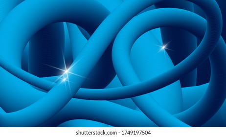 flashes of light over randomly interwoven cylindrical abstract forms of blue shades. Beautiful background for your projects. vector