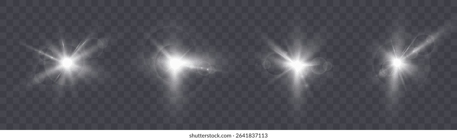 Flashes of light with soft highlights and rays on transparent background. White shining effects with haze and glitter.
