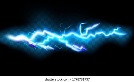 Flashes of lightning, isolated on transparent background. Thunderstorm electric bolt, vector illustration in realistic style.