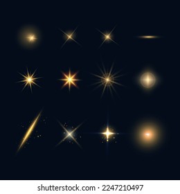 Flashes, lights and sparks set. Abstract golden lights isolated . Bright gold flashes and glares. Bright rays of light. Glowing lines. 