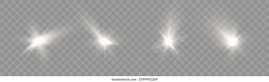Flashes of white light on transparent background. Vector glow effect of flickering lens flare. Abstract glow of lens flare.