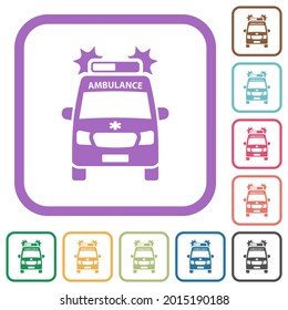 Flashing ambulance car front view simple icons in color rounded square frames on white background