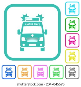 Flashing ambulance car front view vivid colored flat icons in curved borders on white background