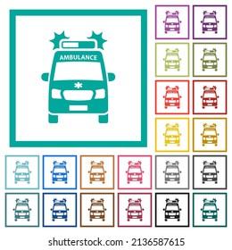 Flashing ambulance car front view flat color icons with quadrant frames on white background