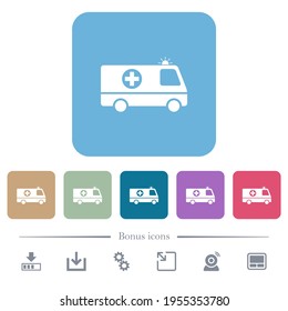 Flashing ambulance car side view white flat icons on color rounded square backgrounds. 6 bonus icons included