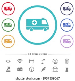 Flashing ambulance car side view flat color icons in circle shape outlines. 12 bonus icons included.