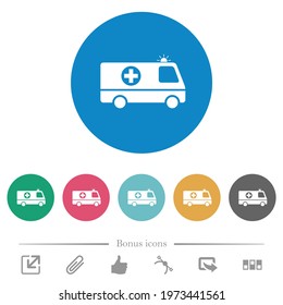 Flashing ambulance car side view flat white icons on round color backgrounds. 6 bonus icons included.