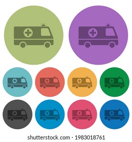 Flashing ambulance car side view darker flat icons on color round background