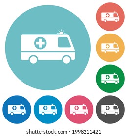Flashing ambulance car side view flat white icons on round color backgrounds
