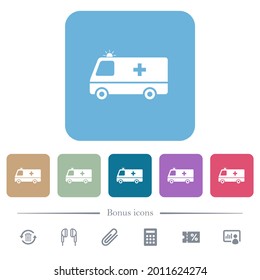Los iconos planos blancos en los laterales de los coches de ambulancia en los fondos cuadrados redondeados de color. 6 iconos de bonificación incluidos