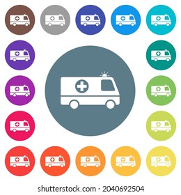 Los iconos blancos planos de los coches de ambulancia parpadeantes en los fondos de color redondo. Se incluyen 17 variaciones de color de fondo.