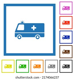 Flashing ambulance car side view flat color icons in square frames on white background