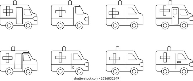 Flashing ambulance car vector icon set. Emergency survive van sign, ambulance service icons, Silhouette medicine van, care medic support. Rescue symbol and emergency medical template design elements