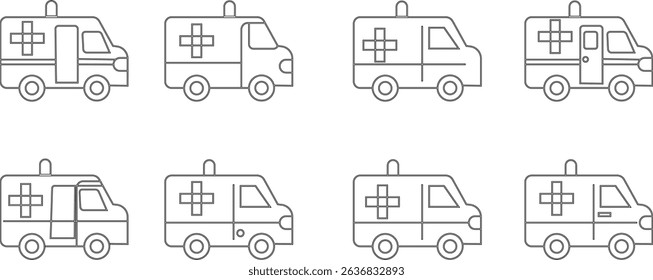 Flashing ambulance car vector icon set. Emergency survive van sign, ambulance service icons, Silhouette medicine van, care medic support. Rescue symbol and emergency medical template design elements