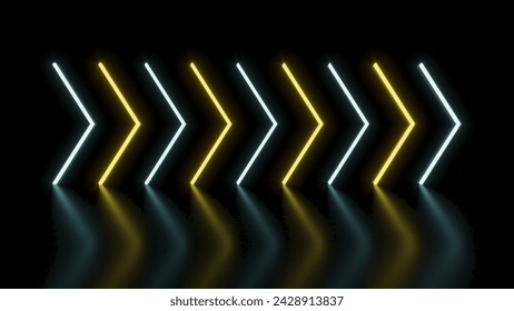 Las flechas de neón brillantes parpadean y se iluminan y salen indicando la dirección. Fondo abstracto, espectáculo láser. Tendencias de color neón azul fantasma y exuberante espectro de luz de lava. Sin Costuras