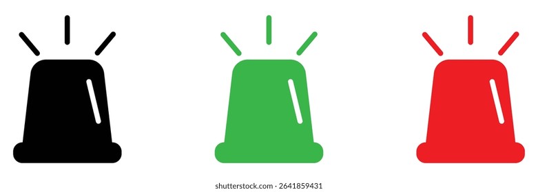 Flashing emergency siren alarm light icon collection in red green black flat colors for alert notification vector symbol interface design.
