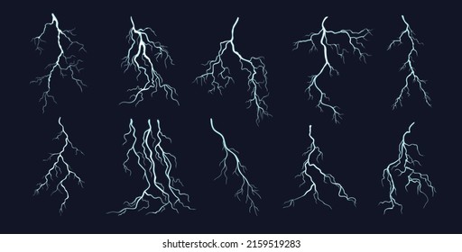 Flashing lightnings set on black vector illustration. Storm and natural electricity effects demonstration in cartoon style, isolated