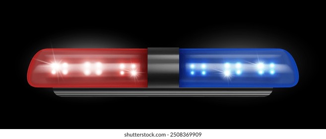 Flashing lights of siren for police car. Vector isolated realistic lamps for vehicle of policemen, emergency and urgency, law enforcement symbol. Projector for automobile for attention and caution