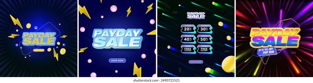 Blinkendes Payday Sale Typografic Banner Design. Elektronische Musik Neon-Design, mit Blitz- und Blitzsymbol, Münzexplosion und Lichtlaserstrahlen. Payday Sale Coupon Gutschein Vorlage. Vektorgrafik.