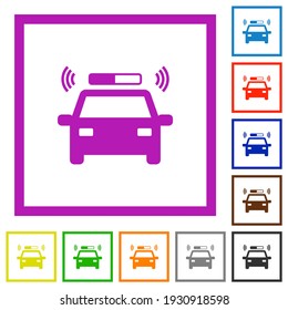 Flashing police car flat color icons in square frames on white background