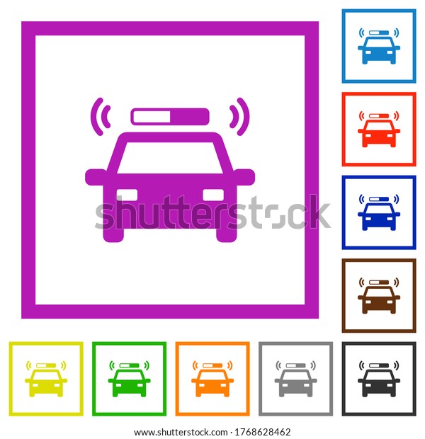 Flashing police car flat color icons in square\
frames on white\
background