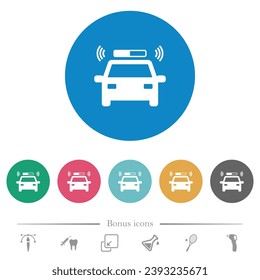 Flashing police car flat white icons on round color backgrounds. 6 bonus icons included.