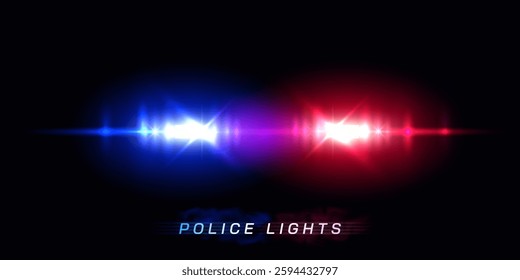 Flashing police lights at night. Blue and red blurred police car lights isolated on black background. Emergency incident, crime scene. Vector illustration.