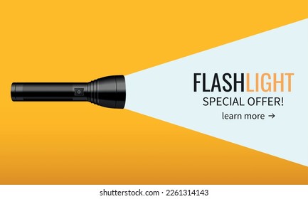 Flashlight AD web banner with side view of realistic device and text in light beam vector illustration