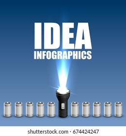 Flashlight with batteries on the blue background. Vector illustration