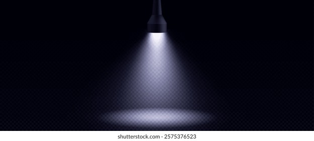 Flashlight beam in darkness creating searchlight effect on transparent background - black torch with lamp producing bright illuminated cone with soft edges and gradient lighting. Spotlight overlay.