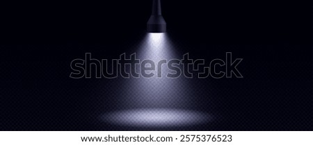 Flashlight beam in darkness creating searchlight effect on transparent background - black torch with lamp producing bright illuminated cone with soft edges and gradient lighting. Spotlight overlay.