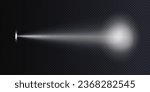 Flashlight beam directed on the wall realistic vector illustration isolated on dark transparent background. Light spot in the dark glowing torch.