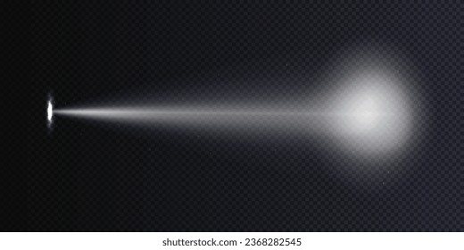 Flashlight beam directed on the wall realistic vector illustration isolated on dark transparent background. Light spot in the dark glowing torch.