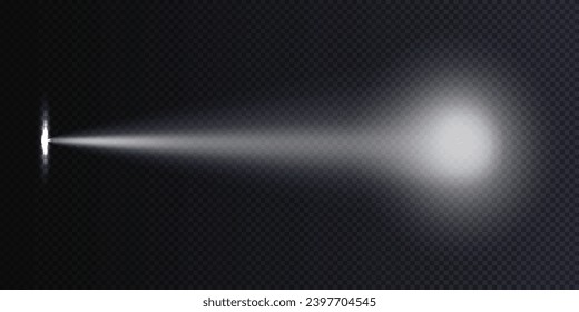 Flashlight beam directed on the wall realistic vector illustration isolated on dark transparent background. Light spot in the dark glowing torch.