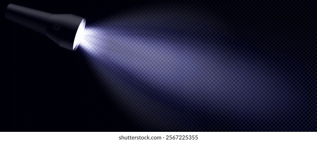 Flashlight beam effect with black metallic torch emitting bright luminous ray on dark transparent background. Realistic searchlight illumination with light glow cone for night scene spotlight overlay.