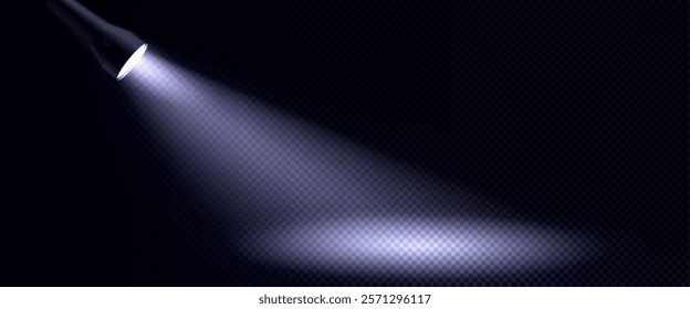 Flashlight beam effect with bright white luminous ray spreading diagonally through darkness on transparent background. Searchlight with soft glowing spotlight for detective scene or night exploration.