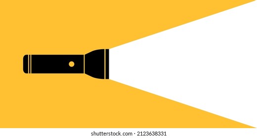 Flashlight with beam. Icon of flashlight with light and background for text. Silhouette of lamp with beam. Vector illustration.