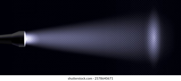 Flashlight beam illumination isolated on transparent background. Vector realistic illustration of hand light beam shining bright in darkness, electric spotlight on surface, investigation search